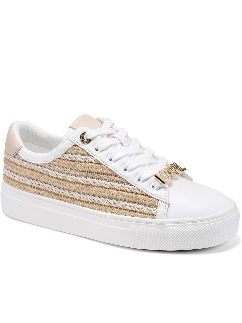 ⚜️ NWT Karl Lagerfeld White Leather Sneaker with Natural Woven Panels MSRP $149